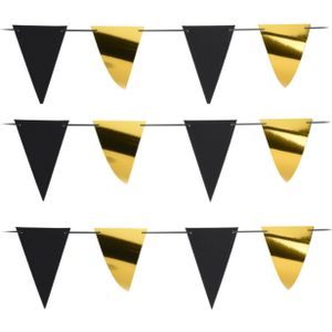 Party Vlaggenlijn - 3x - binnen/buiten - plastic - metallic zwart/goud - 6 m - 25 vlaggetjes