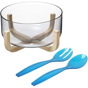 Secret de Gourmet Saladekom/serveerschaal - glas - plastic slacouvert blauw - Dia 24 cm