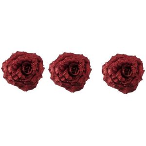 3x Kerstversieringen glitter roos rood op clip 18 cm