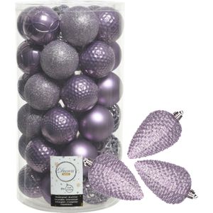 43x stuks kunststof kerstballen en dennenappel ornamenten lila paars
