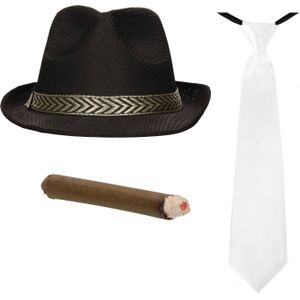 Smiffys - Gangster/Maffia verkleed set hoed zwart met stropdas en sigaar
