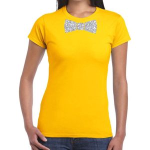 Vlinderdas t-shirt geel met zilveren glitter strikje dames