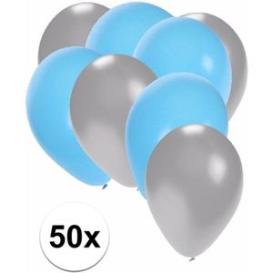 Zilveren en lichtblauwe ballonnen 50 stuks