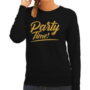 Party time sweater zwart met gouden glitter tekst dames  - Glitter en Glamour goud party kleding trui XL