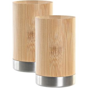 Badkamer tandenborstelhouder / drinkbeker - 2x - hout/zilver - 7 x 11 cm