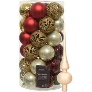Kunststof kerstballen 37x- rood/goud/parel/groen - 6cm -en glazen piek