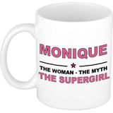 Naam cadeau mok/ beker Monique The woman, The myth the supergirl 300 ml