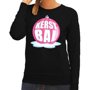 Foute feest kerst sweater met roze kerstbal op zwarte sweater voor dames