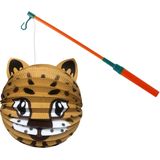 Bol lampion panter - bruin - H20 cm - papier - met lampionstokje - 40 cm