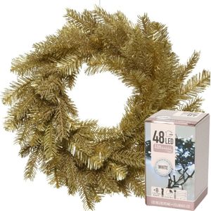 Kerstkrans goud glitter 50 cm incl. verlichting helder wit 4m