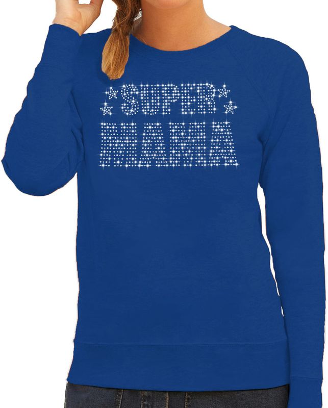 Glitter Super Mama sweater blauw Moederdag cadeau rhinestones steentjes voor dames