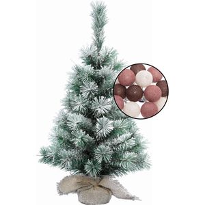 Mini kerstboom besneeuwd met verlichting - in jute zak - H60 cm - kleur mix rood