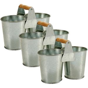 3x stuks dubbele bloempotten/plantenbakken zinken emmer met houten handvat 20 x 10 x 15 cm