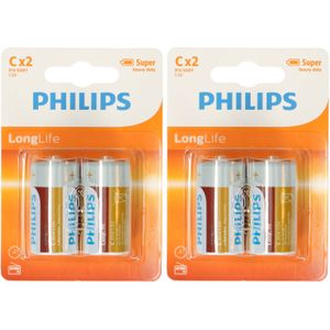 4x Philips Long Life LR14 C-batterijen 1,5 Volt
