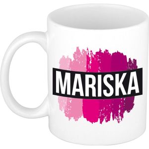 Mariska  naam / voornaam kado beker / mok roze verfstrepen - Gepersonaliseerde mok met naam