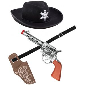 Verkleed cowboy hoed zwart/holster met een revolver voor kinderen
