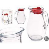 Pasabahce Waterkan sapkan schenkkan met afsluitdop - 1 liter - glas - transparant/rood - 20 cm