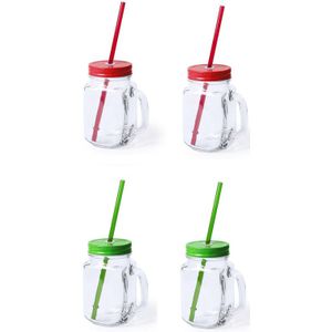 4x stuks drink potjes van glas Mason Jar groen/rood 500 ml