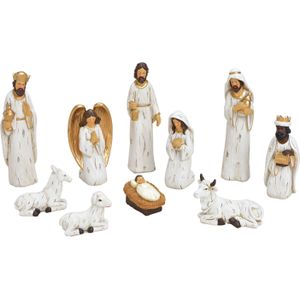 Set van 10x stuks kerststal beelden/kerstbeelden wit met goud 5-21 cm