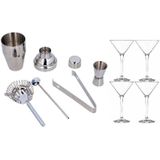 Complete cocktail shaker workshop set inclusief 4x cocktailglazen / Martiniglazen - 9 delig