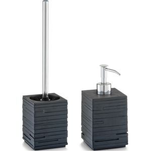 Luxe WC/Toilet spullen set Toiletborstel met zeeppompje van polystone - zwart leisteen-look