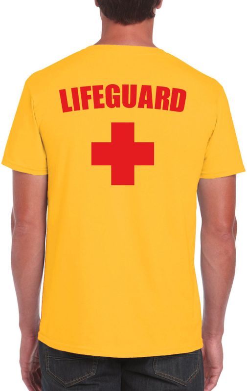 Carnaval reddingsbrigade/ lifeguard t-shirt geel / achter bedrukking heren