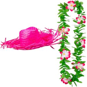 Carnaval verkleed set - Tropische Hawaii party - stro hoed met bloemenslinger - roze