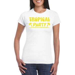 Bellatio Decorations Tropical party T-shirt dames - met glitters - wit/geel - carnaval/themafeest