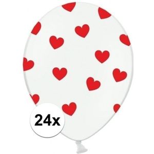 24x witte ballonnen met rode hartjes