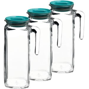 3x stuks glazen schenkkannen met deksel 1 liter - Sapkannen/waterkannen/schenkkannen