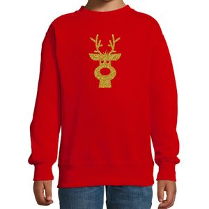 Rendier Hoofd Kerstsweater - Rood met Gouden Glitter Bedrukking - Kinderen