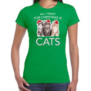 Groen Kerstshirt / Kerstkleding All i want for christmas is cats voor dames