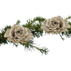 2x stuks kerstboom bloemen roos champagne glitter op clip 10 cm