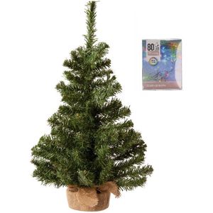 Volle kerstboom in jute zak 60 cm inclusief gekleurde kerstverlichting