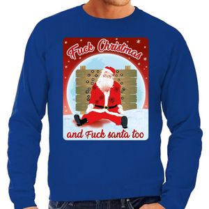 Foute kerstborrel trui / kersttrui Fuck Christmas and fuck santa too blauw voor heren
