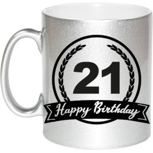 Happy Birthday 21 years met wimpel cadeau koffiemok / theebeker zilver 330 ml