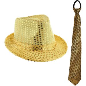 Carnaval verkleed setje - glitter hoedje en stropdas - goud - volwassenen - met pailletten