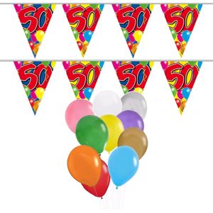 Verjaardag 50 jaar feest thema set 50x ballonnen en 3x leeftijd print vlaggenlijnen