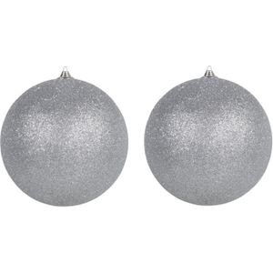 2x Zilveren grote decoratie kerstballen met glitter kunststof 25 cm