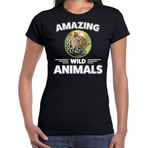 T-shirt jachtluipaarden amazing wild animals / dieren zwart voor dames