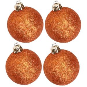 4x stuks kunststof glitter kerstballen oranje 10 cm