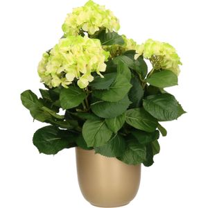 Hortensia kunstplant/kunstbloemen 45 cm - groen - in pot goud