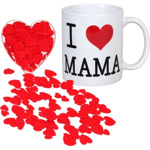 Valentijnsdag cadeau set koffie mok/beker Mama met deco strooi hartjes