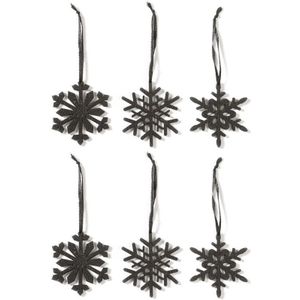 6x Zwarte sneeuwvlok/ijsster kerstornamenten kerst hangers 7,5 cm
