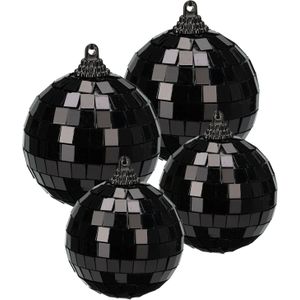 Grote discobal kerstballen - 4x stuks - zwart - 8 en 10 cm - kunststof