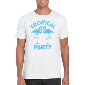 Bellatio Decorations Tropical party T-shirt heren - met glitters - wit/blauw - carnaval/themafeest
