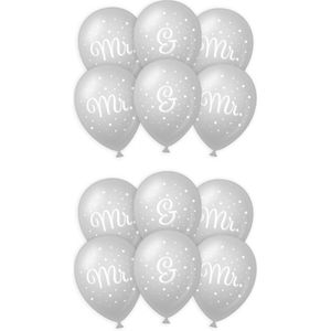 18x stuks Mr. &amp; Mr. huwelijks feest ballonnen - zilver/wit - latex - ca 30 cm