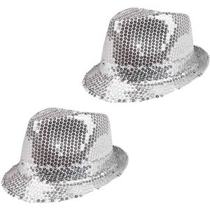 2x Stuks Trilby hoeden met pailletten - zilver - glitter