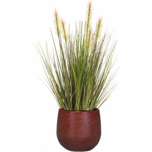 Emerald Kunstplant - groen gras sprieten 45 cm - in rood keramiek bloempot