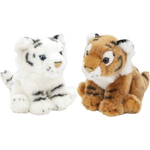 Nature Planet - Pluche knuffels set 2x - bruine en witte Tijger - 18cm